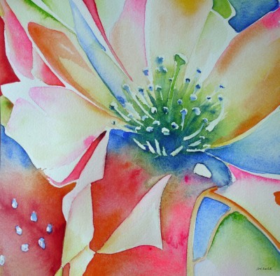 Aquarellbild einer abstrahierten Rose in Rot, Blau- und Rosatönen